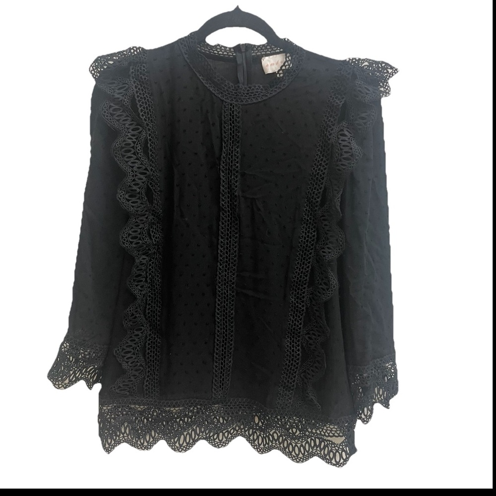 Entro Ruffle Blouse Black Lace Detail High Neck Long Sleeve Romantic Goth Medium